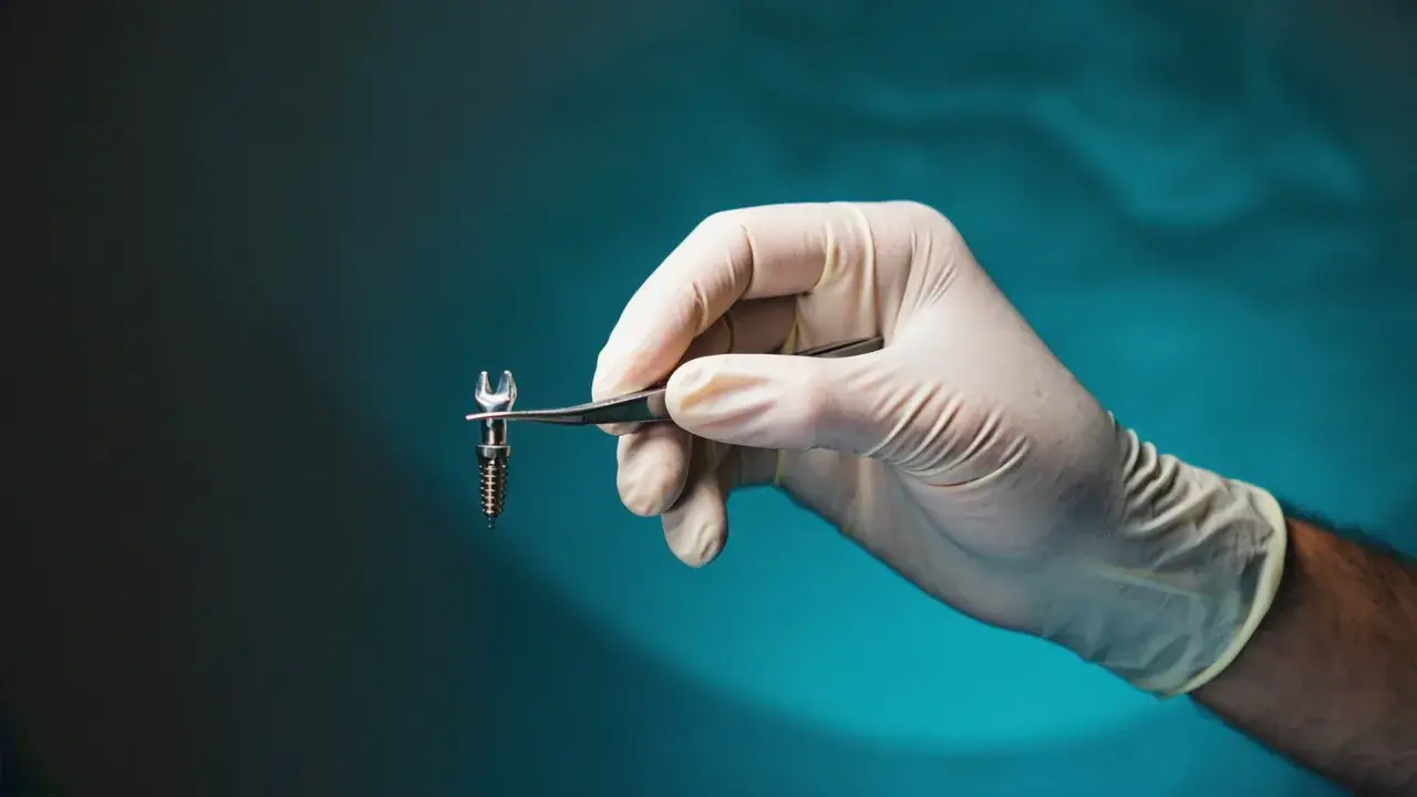 Mano guantata del chirurgo che tiene con precisione un impianto dentale: è la mano, non l'arnese, a fare la differenza