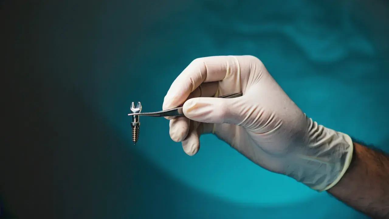 Mano guantata del chirurgo che tiene con precisione un impianto dentale: è la mano, non l'arnese, a fare la differenza