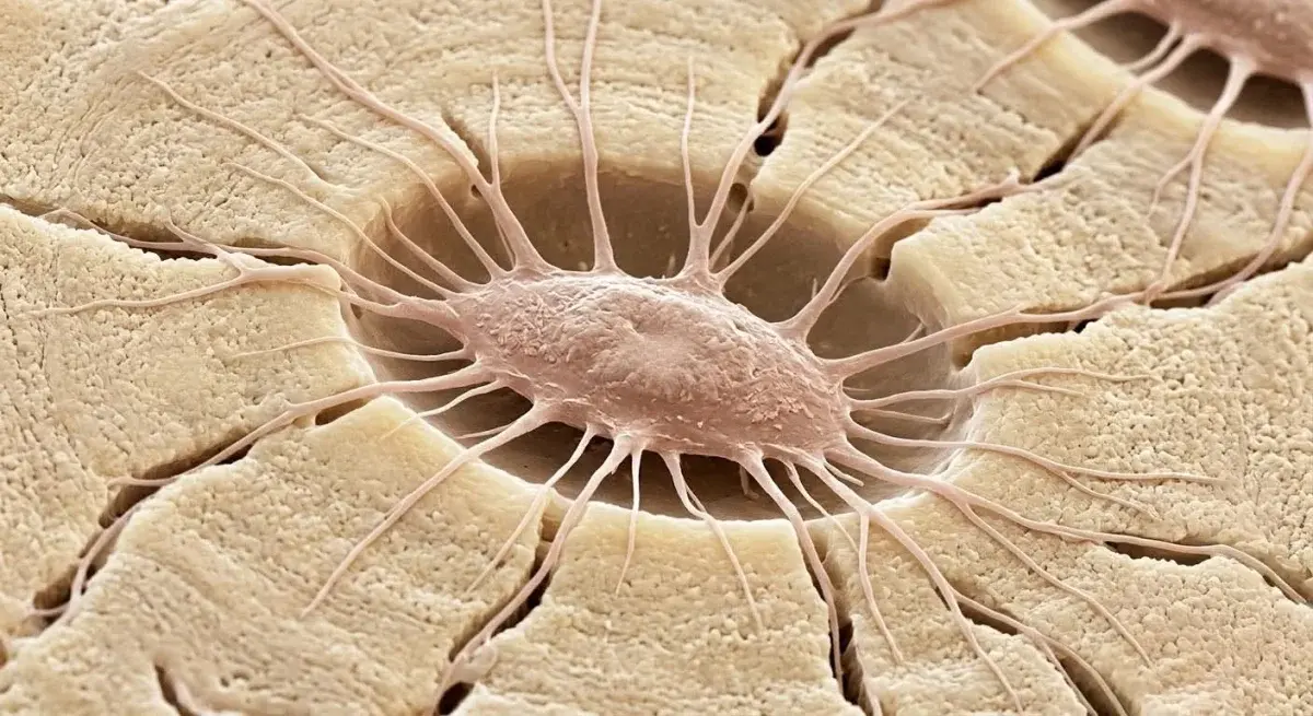 Osteocita nella sua lacuna con i prolungamenti canalicolari che si irradiano nella matrice ossea — microscopia elettronica colorizzata