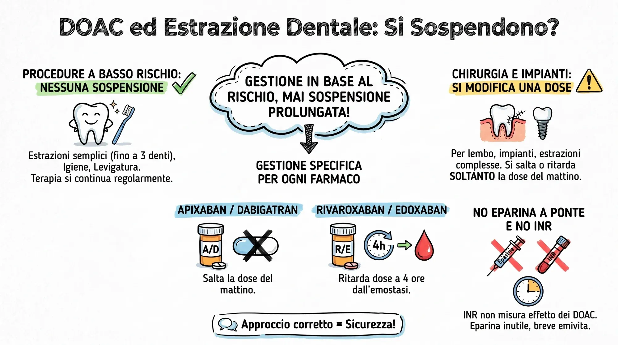 Illustrazione «DOAC ed estrazione dentale, si sospendono?»: nelle procedure a basso rischio nessuna sospensione; in chirurgia e implantologia si salta la dose del mattino di apixaban e dabigatran o si ritarda quella di rivaroxaban ed edoxaban a quattro ore dall'emostasi; niente eparina a ponte né INR.
