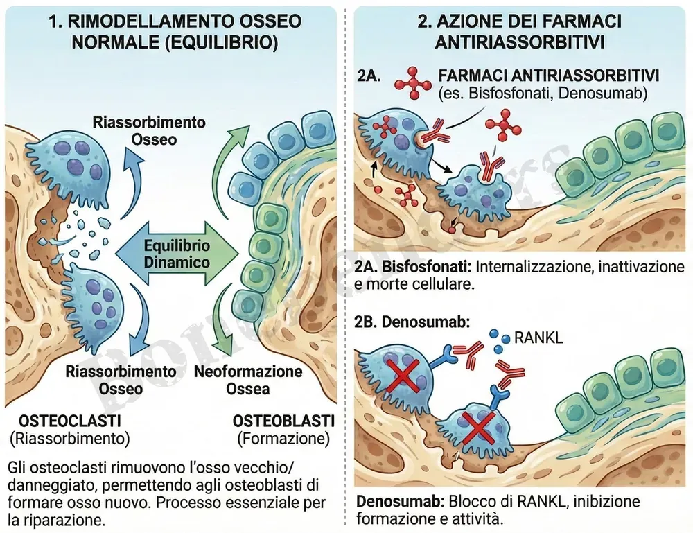 Illustrazione che spiega il rimodellamento osseo normale e l