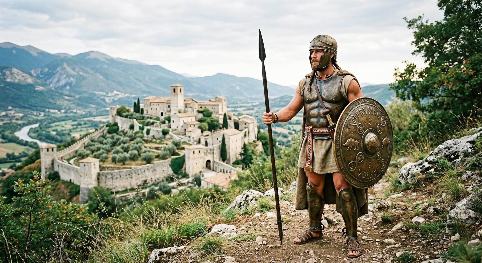 Guerriero volsco con lancia e scudo sullo sfondo di un borgo della Ciociaria, provincia di Frosinone