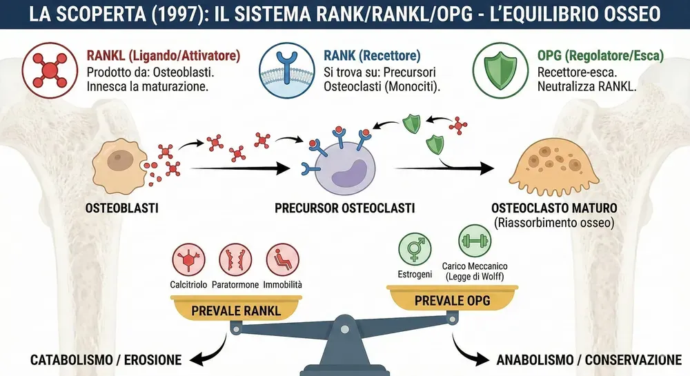 Diagramma del sistema RANK/RANKL/OPG, mostrando le interazioni tra osteoblasti, precursori osteoclasti e osteoclasti maturi. Descrive il ruolo di RANKL come attivatore, RANK come recettore e OPG come regolatore dell