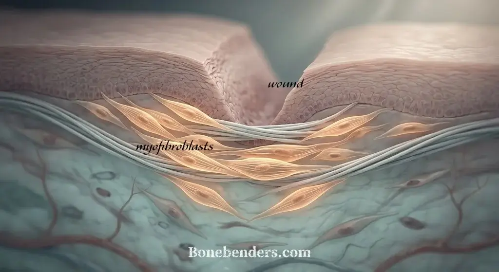Cross-section of a closing oral mucosal wound: myofibroblasts, aligned beneath the epithelial margins, pull the edges together along bundles of new collagen.