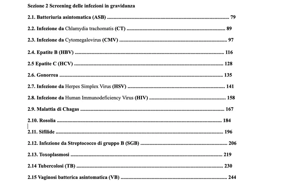 Tabella dei contenuti per la sezione sulla screening delle infezioni in gravidanza, con elenchi di infezioni e i numeri di pagina corrispondenti.