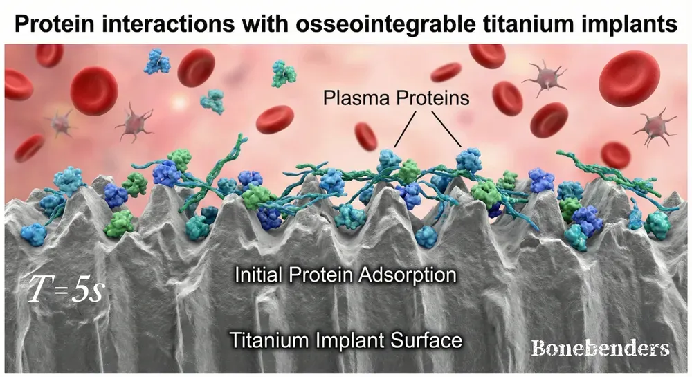 Illustrazione dei legami delle proteine plasmatiche con la superficie di un impianto in titanio osseointegrabile, mostrando l