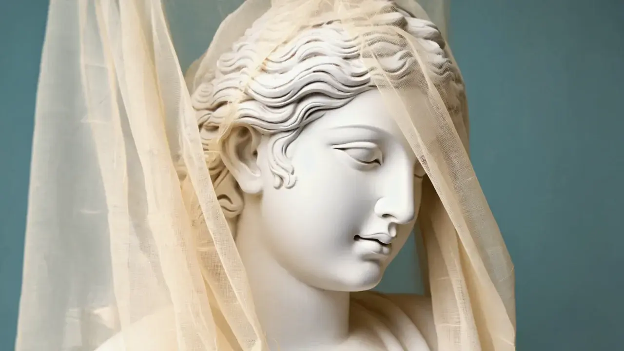 Scultura in marmo di un volto sereno coperto da un velo translucido sollevato: la metafora del dente già bello nascosto dalla gengiva