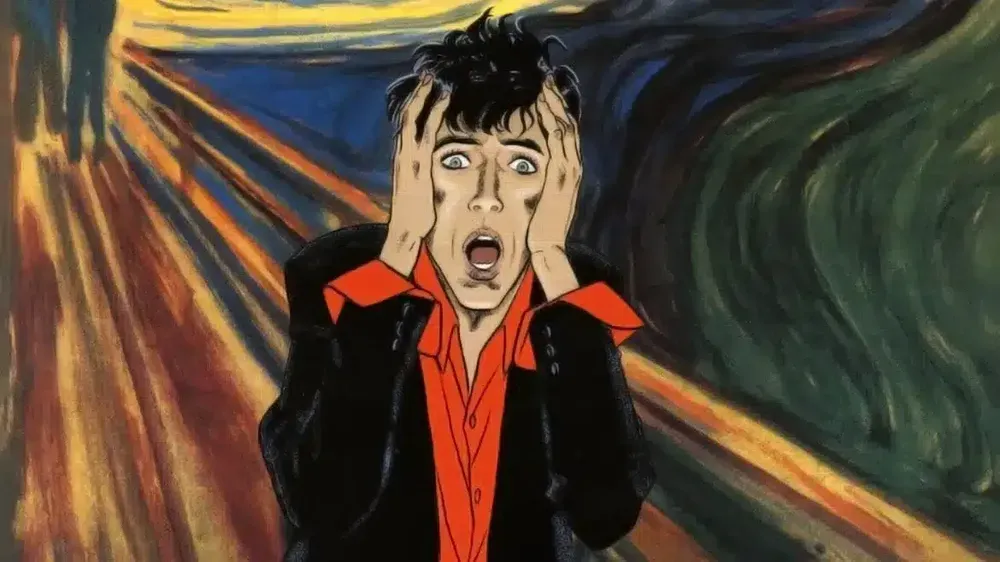 Un personaggio con le mani nei capelli, esprimendo angoscia, perché vede una split crest ERE fatta con lembo a spessore totale